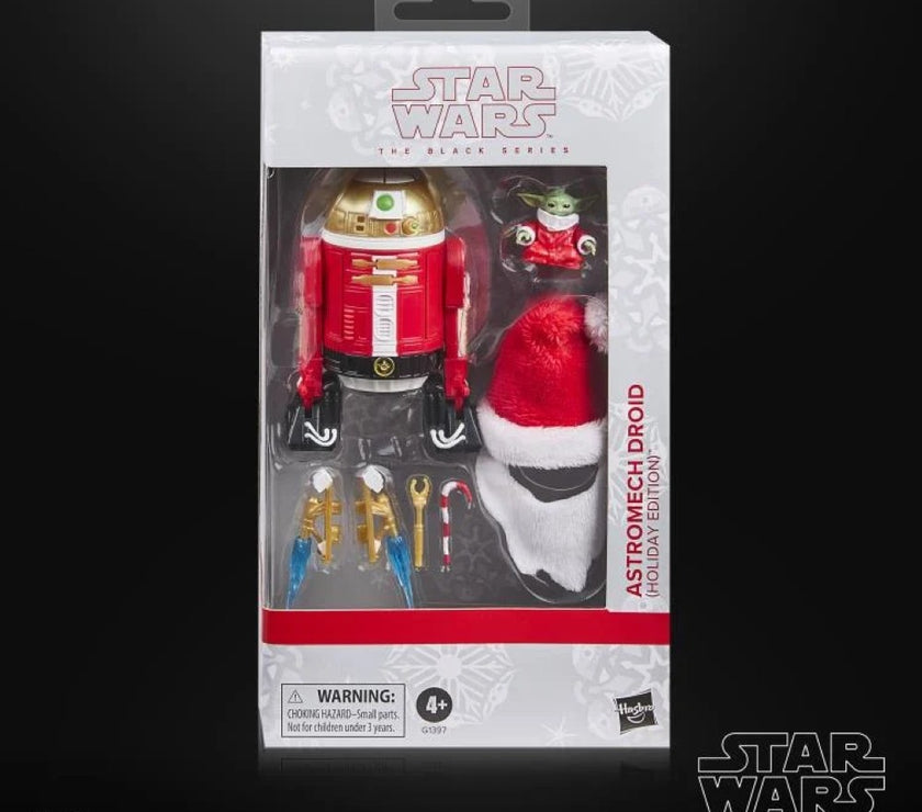 Hasbro Star Wars Black Series Holiday Edition astromech droid action figure with festive accessories and holiday outfit