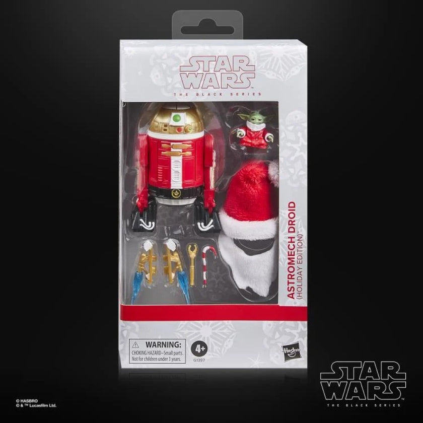 Hasbro Star Wars Black Series Holiday Edition astromech droid action figure with festive accessories and holiday outfit