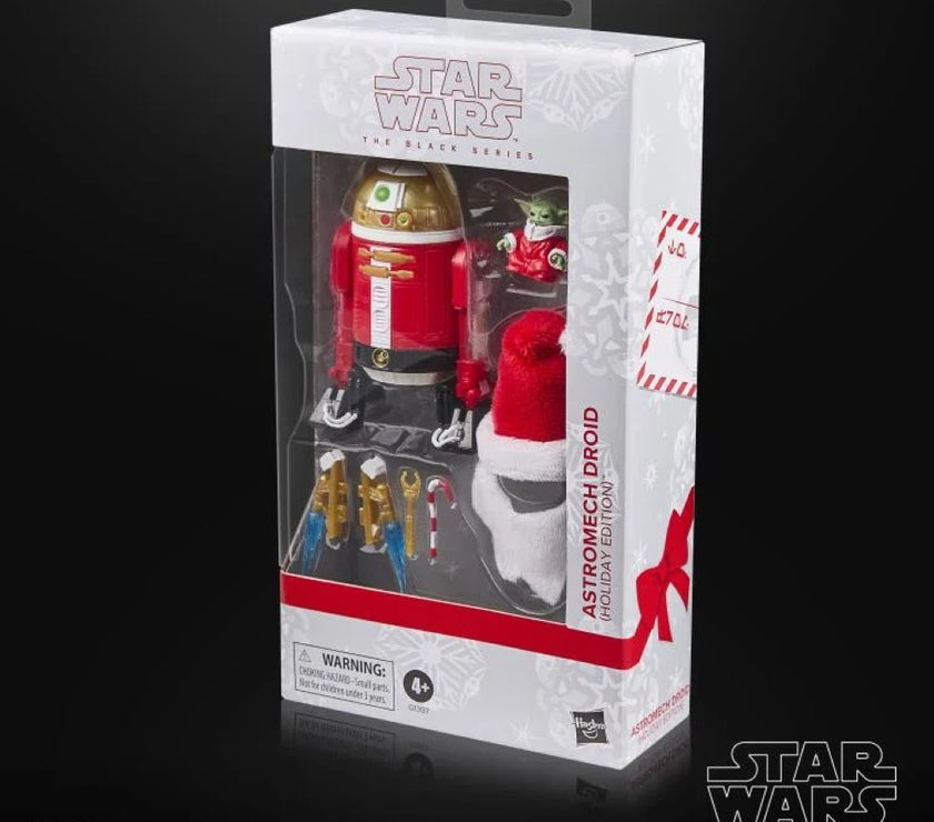 Star Wars Black Series Holiday Astromech Droid action figure by Hasbro with festive accessories in holiday packaging