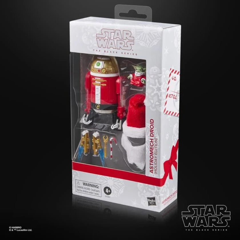 Star Wars Black Series Holiday Astromech Droid action figure by Hasbro with festive accessories in holiday packaging