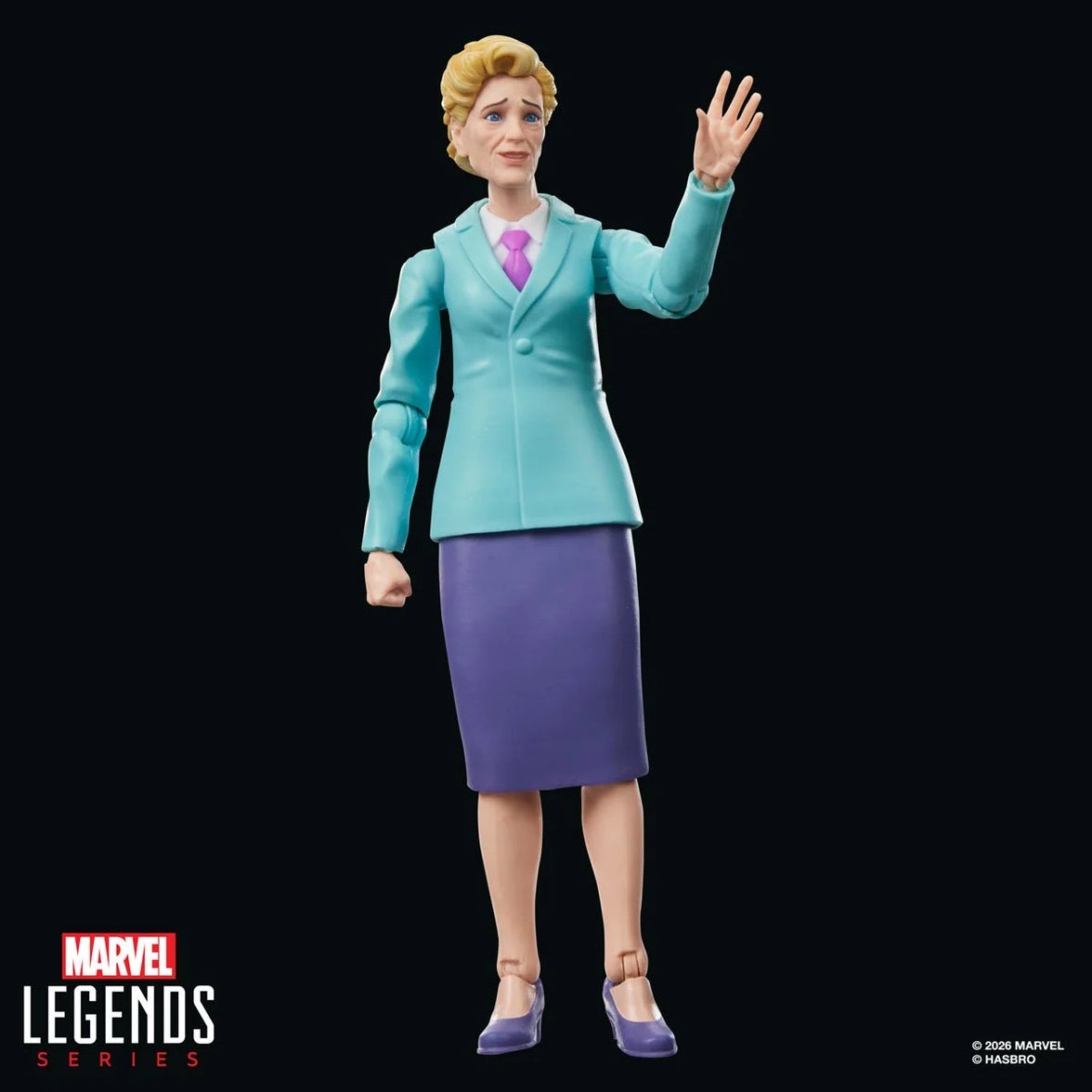 Marvel Legends Series figure of a blonde woman in a turquoise blazer, pink tie, purple skirt, and heels