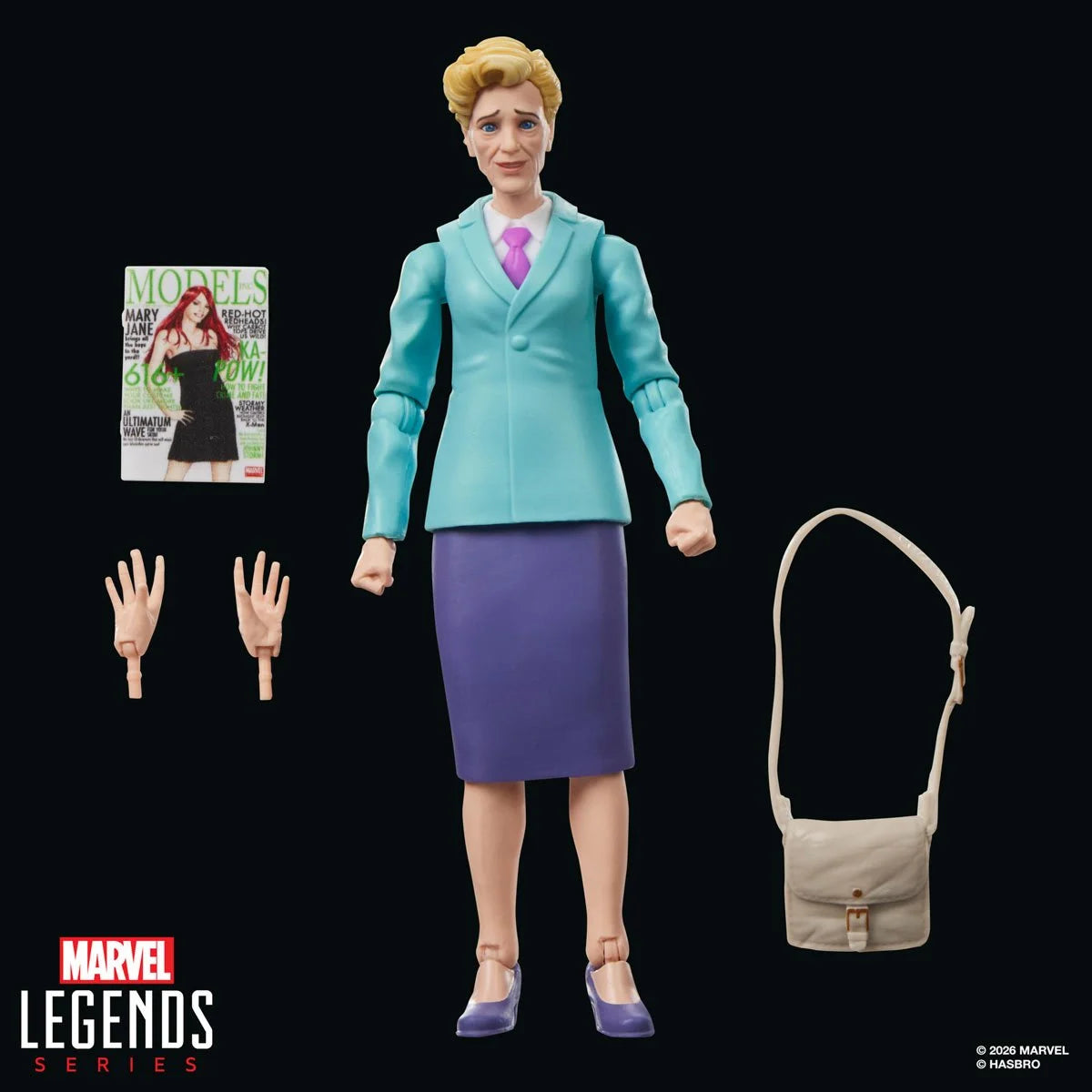 Marvel Legends female figure with handbag, magazine, and interchangeable hands