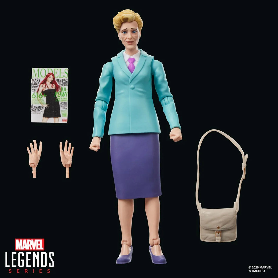 Marvel Legends female figure with handbag, magazine, and interchangeable hands