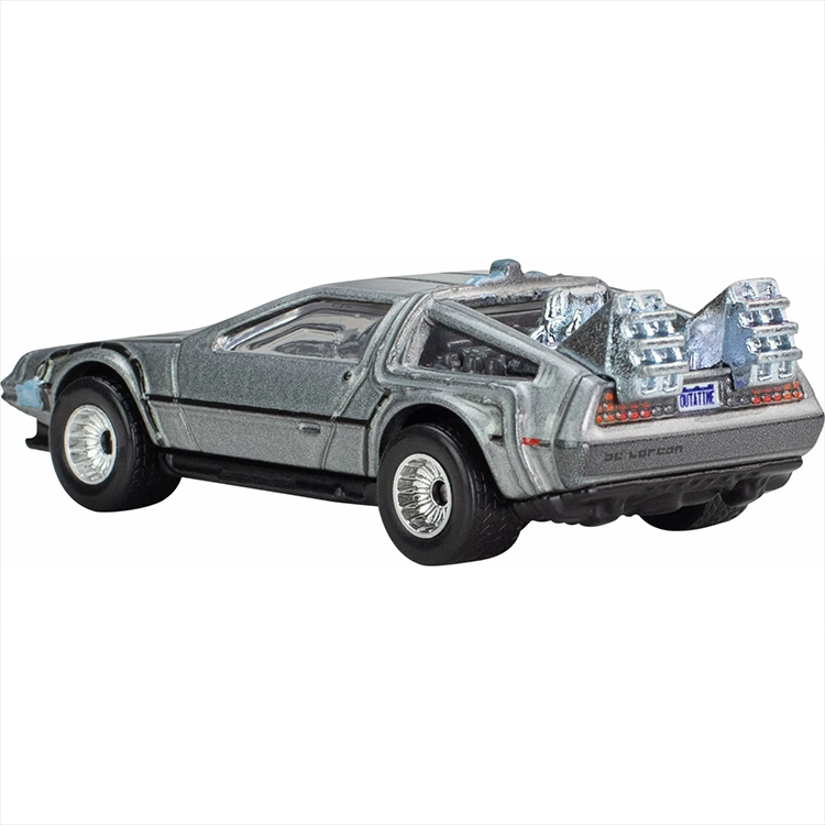 Hot Wheels 1:64 scale diecast replica of Back to the Future DeLorean Time Machine with detailed rear features