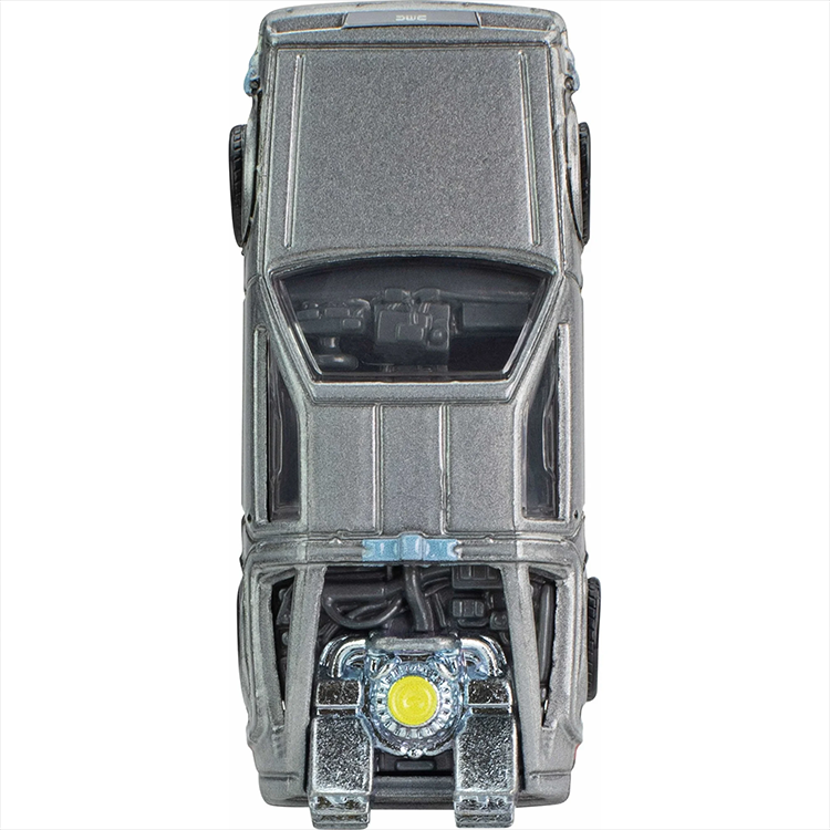 Top-down view of Hot Wheels 1:64 scale Back to the Future DeLorean time machine diecast car replica.