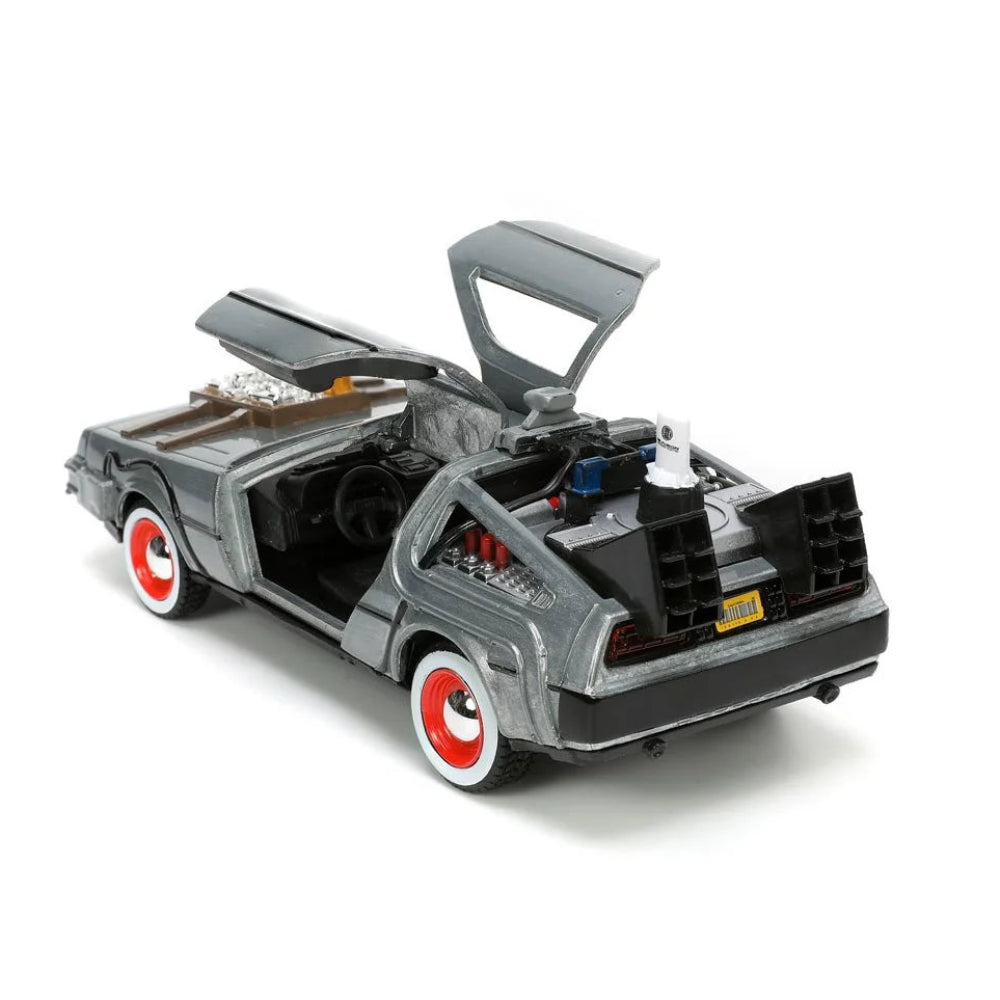 Gray DeLorean-style car with gull-wing doors, red-accented wheels, and exposed rear machinery