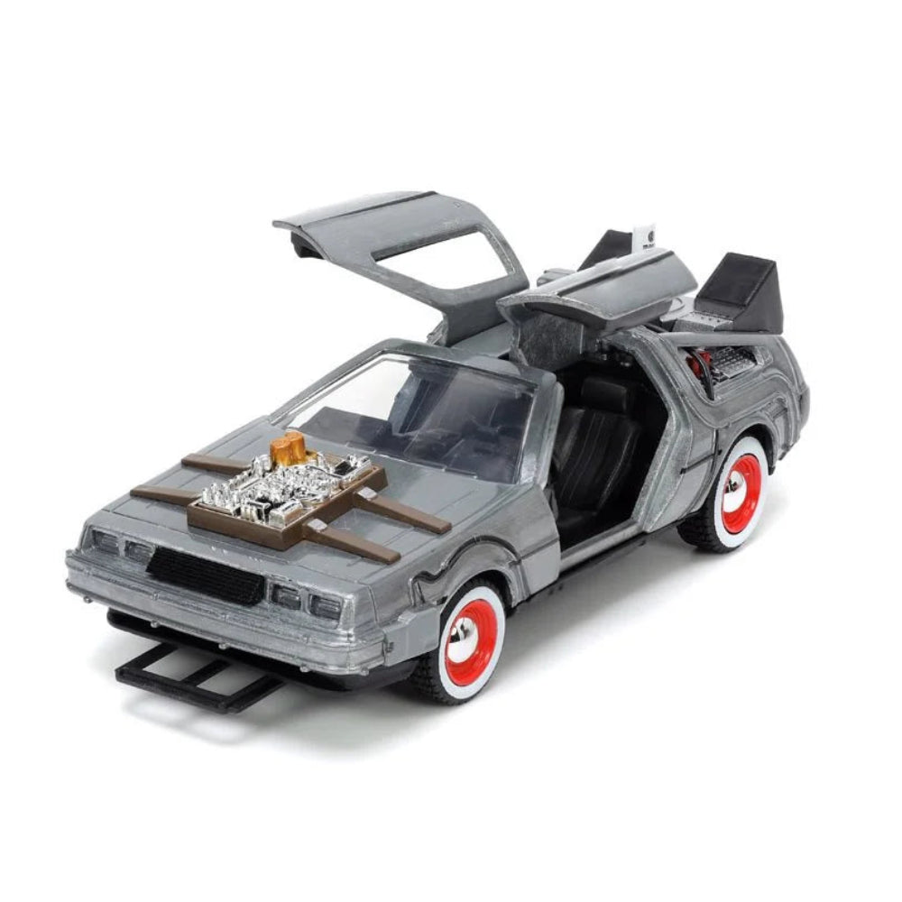 Gray DeLorean time machine model with open gullwing doors and red-accented wheels