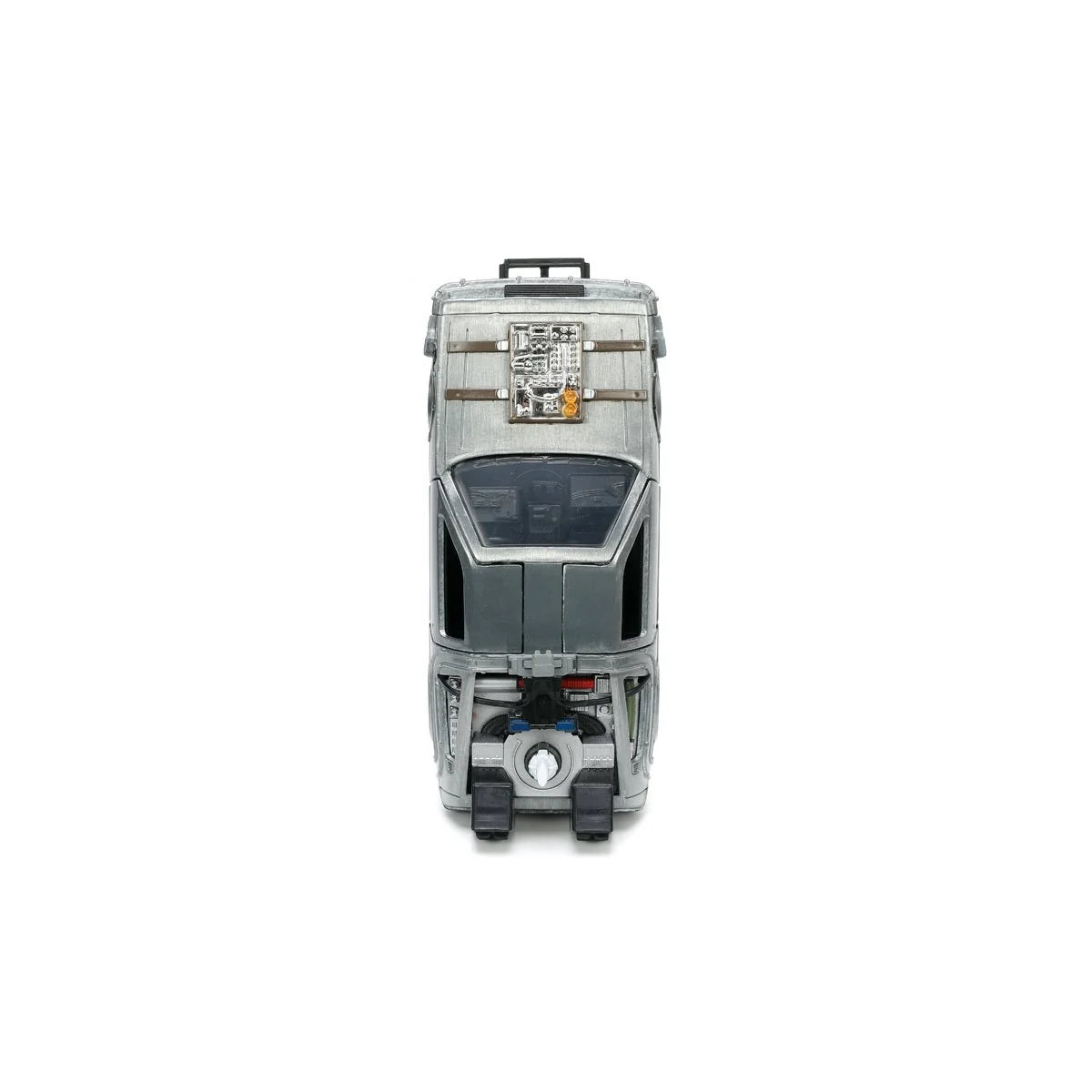 Front view of a gray futuristic toy vehicle with a windshield, top hatch, and front wheels