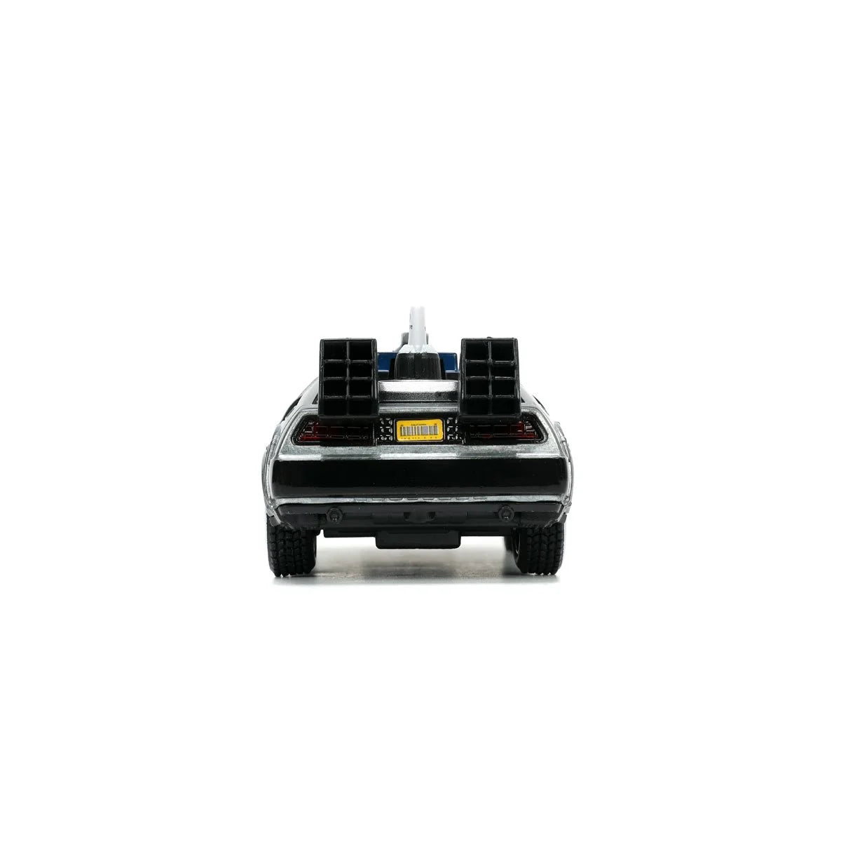 Rear view of a silver toy car with black detailing, rear vents, and a yellow license plate