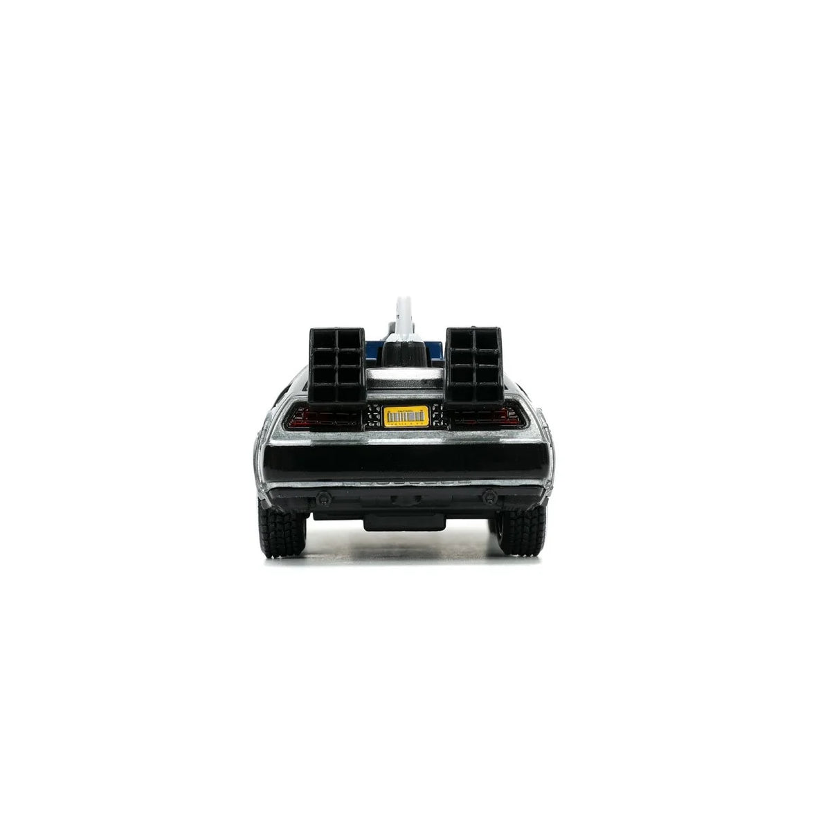 Rear view of a silver toy car with black detailing, rear vents, and a yellow license plate