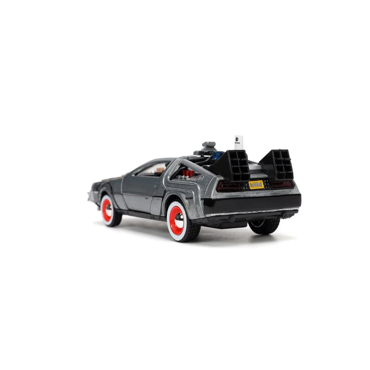 Gray DeLorean time machine with red wheel accents and raised rear vents