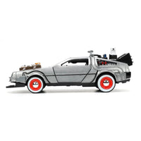 Silver DeLorean toy car with red wheels and visible time machine details