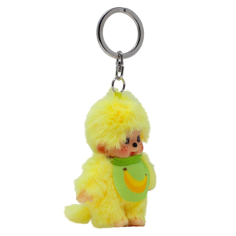 Yellow plush character keychain with a banana bib and metal ring