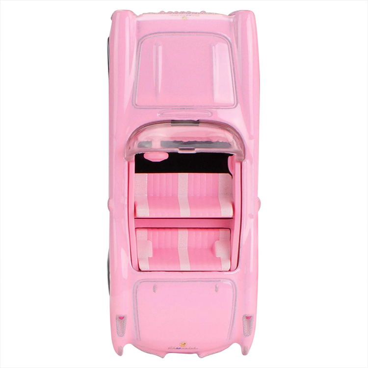 Top view of pink 1956 Corvette Hot Wheels Premium diecast car from Barbie The Movie with striped interior seats.