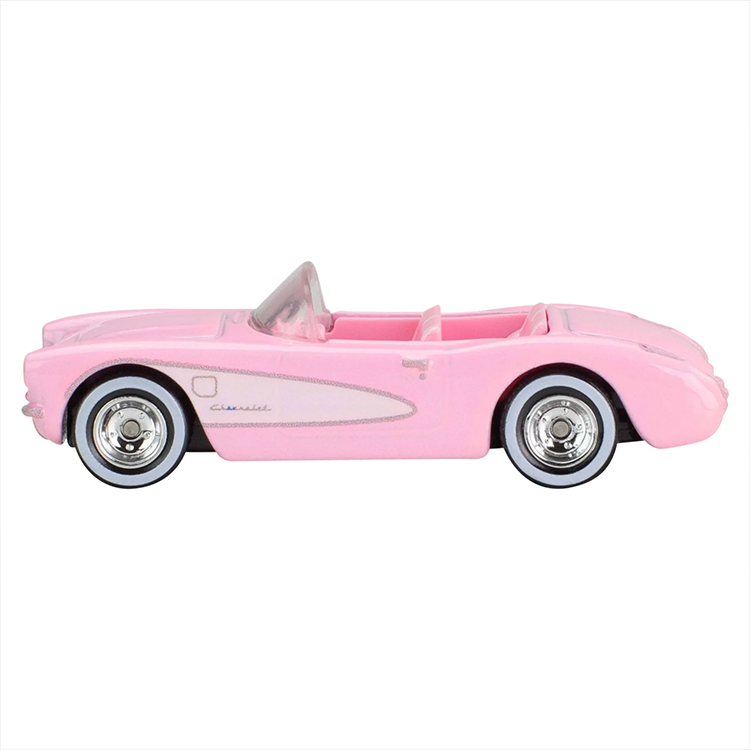 Pink 1956 Corvette Hot Wheels diecast car from Barbie The Movie with detailed chrome and realistic tires by Mattel.