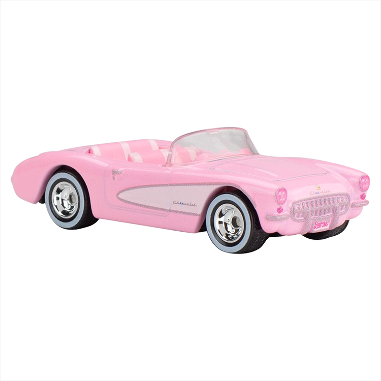 Mattel Hot Wheels Barbie The Movie 1956 Corvette diecast car in vibrant pink with chrome details and authentic styling