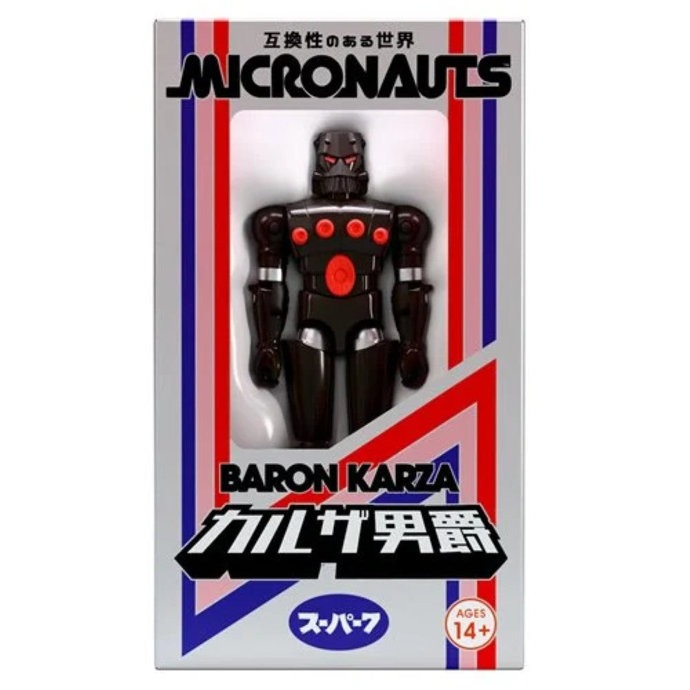 Boxed black robot figure with red details in Micronauts packaging