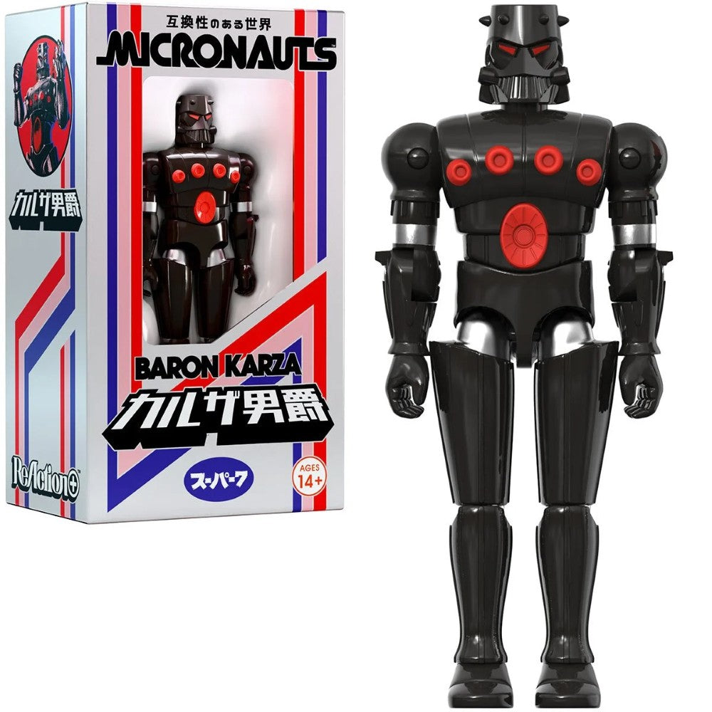 Black and red Micronauts Baron Karza robot figure beside its packaging