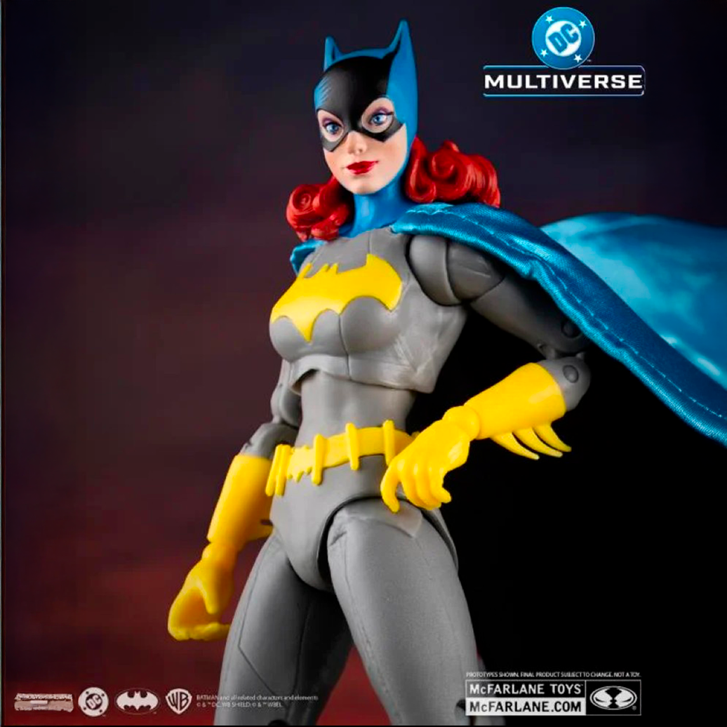 McFarlane DC Multiverse Batgirl action figure with classic costume and red hair in heroic pose against dark background