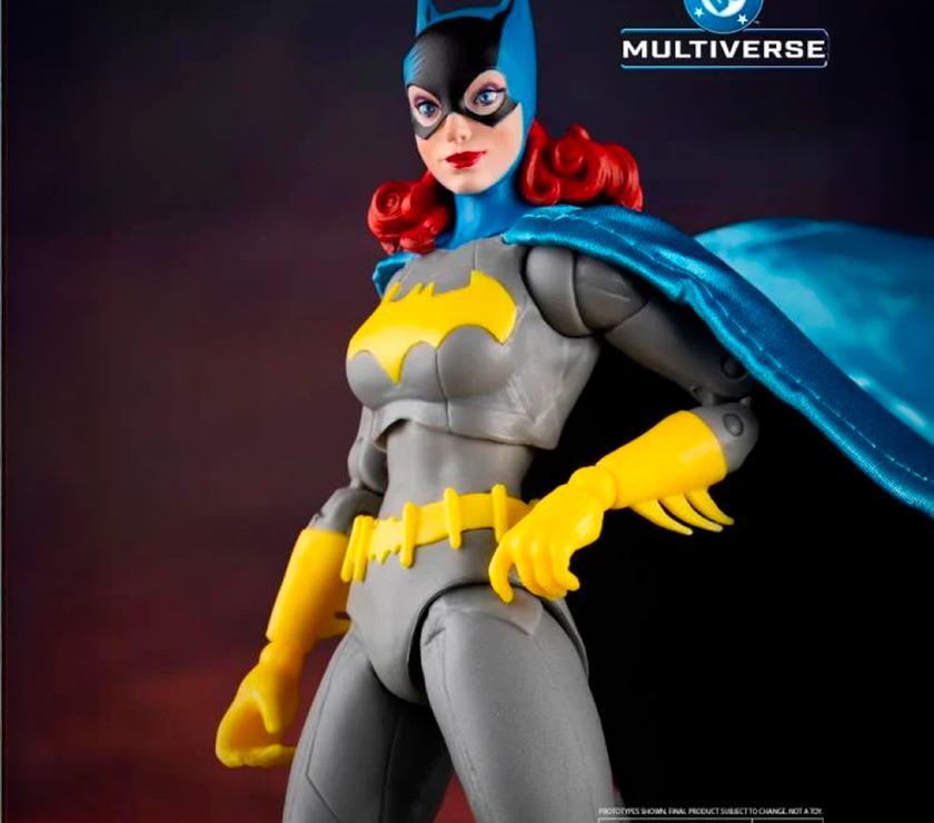 McFarlane DC Multiverse Batgirl action figure with classic costume and red hair in heroic pose against dark background
