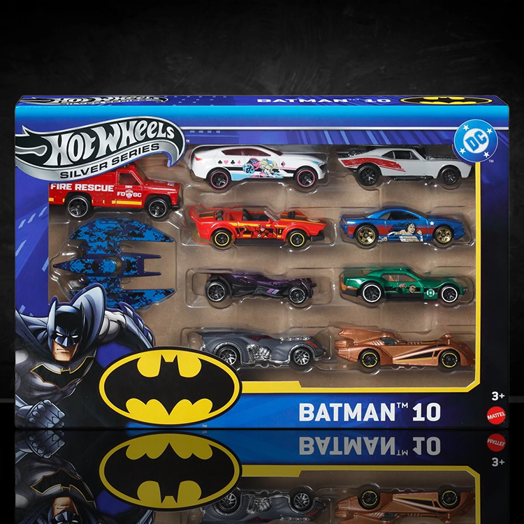 Mattel Hot Wheels Silver Series Batman 10-pack diecast cars featuring iconic Gotham designs in collectible packaging