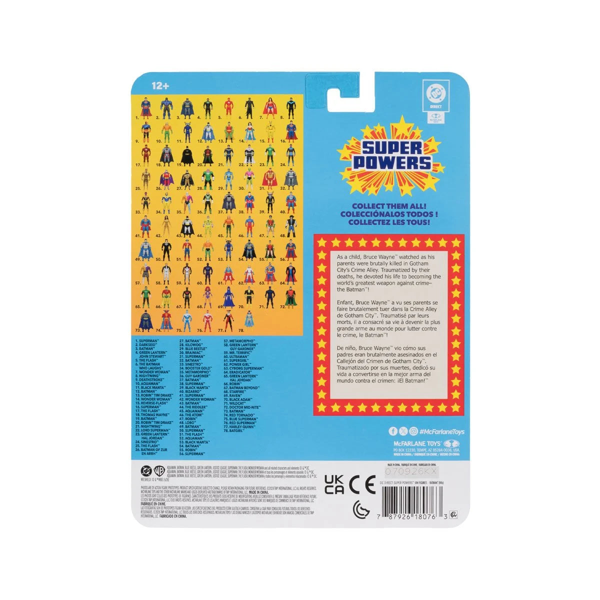 Back of a Super Powers collectible card showing colorful superhero figures and a character checklist