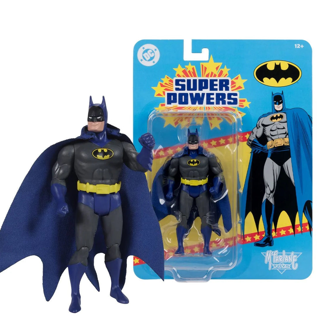 Batman action figure displayed beside Super Powers packaging with character artwork and cape spread wide