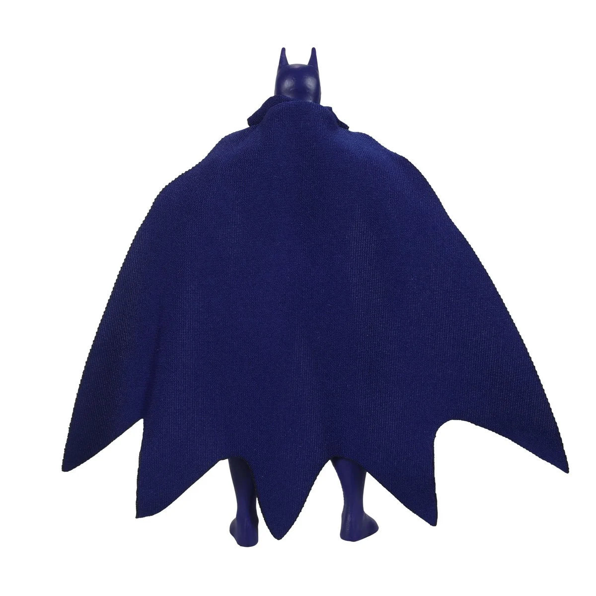 Back view of a small figure with pointed ears and a dark blue bat-shaped cape