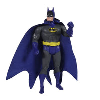 Batman action figure in a black and gray suit with a yellow utility belt and flowing blue cape