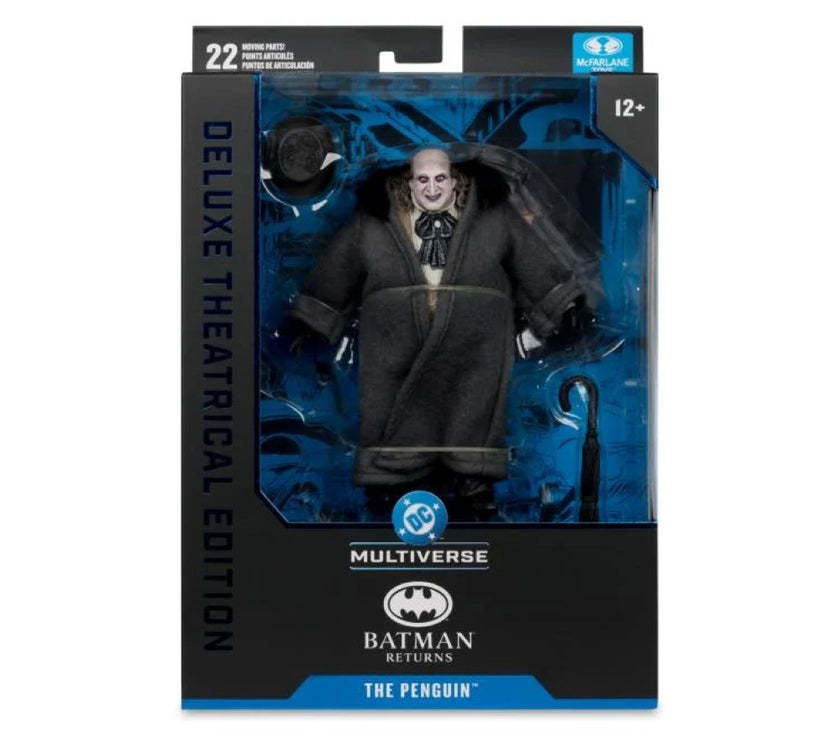 McFarlane Batman Returns DC Multiverse The Penguin Deluxe Theatrical Edition action figure with coat and accessories.