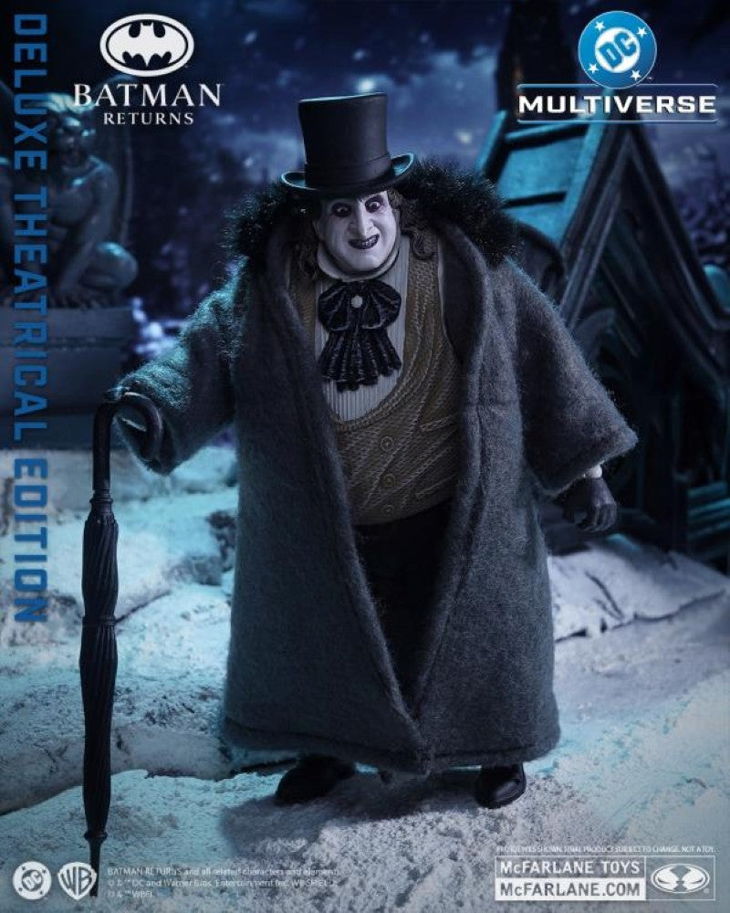 McFarlane Batman Returns The Penguin action figure in theatrical deluxe edition with top hat and umbrella on snowy rooftop.