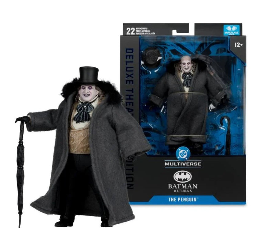 McFarlane Batman Returns The Penguin Deluxe Theatrical Edition action figure with black coat and umbrella accessory