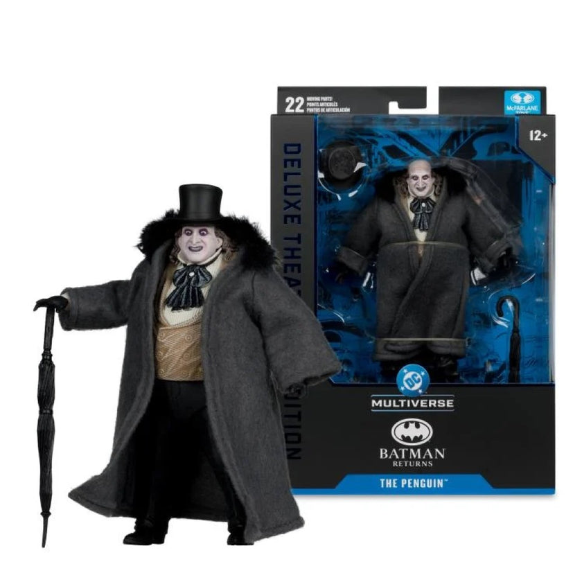 McFarlane Batman Returns The Penguin Deluxe Theatrical Edition action figure with black coat and umbrella accessory