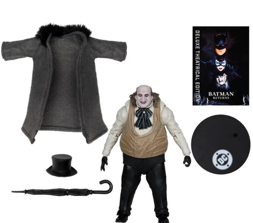 McFarlane Batman Returns The Penguin deluxe action figure with coat, umbrella, hat, and display stand collectible kit