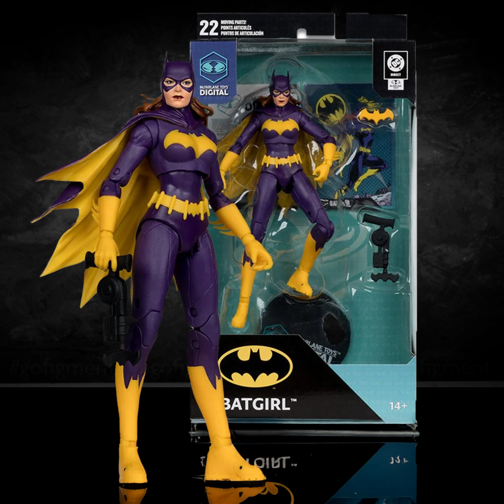 7-inch McFarlane Batgirl action figure in purple and yellow costume with packaging and accessories visible behind
