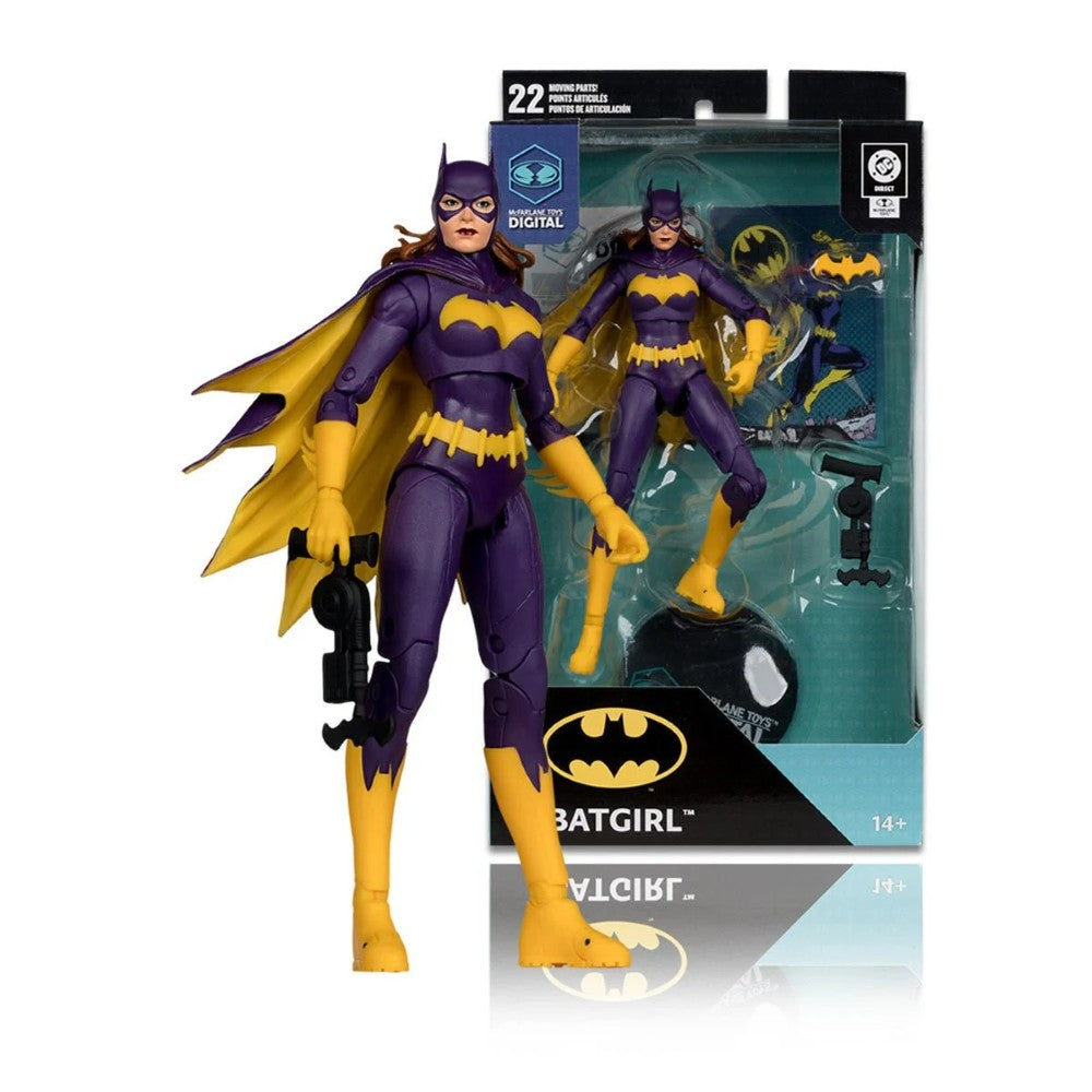 7-inch McFarlane Batgirl figure in purple and yellow costume holding gadget with packaging in background