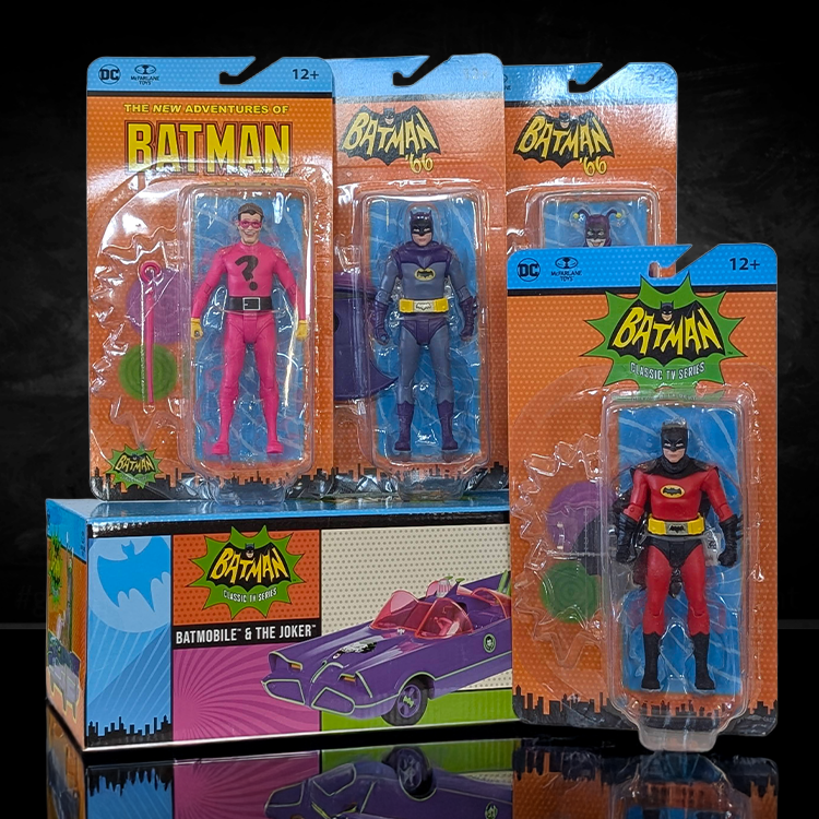 McFarlane Batman '66 action figures and Jokerized Batmobile boxed set with vintage-style packaging display
