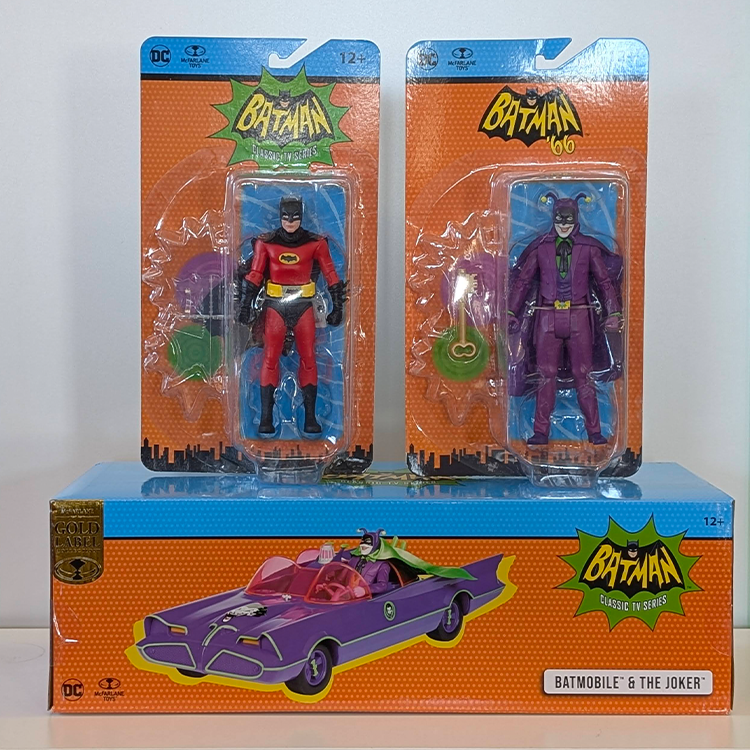 McFarlane Batman '66 3.75-inch action figures and Jokerized Batmobile in original packaging bundle