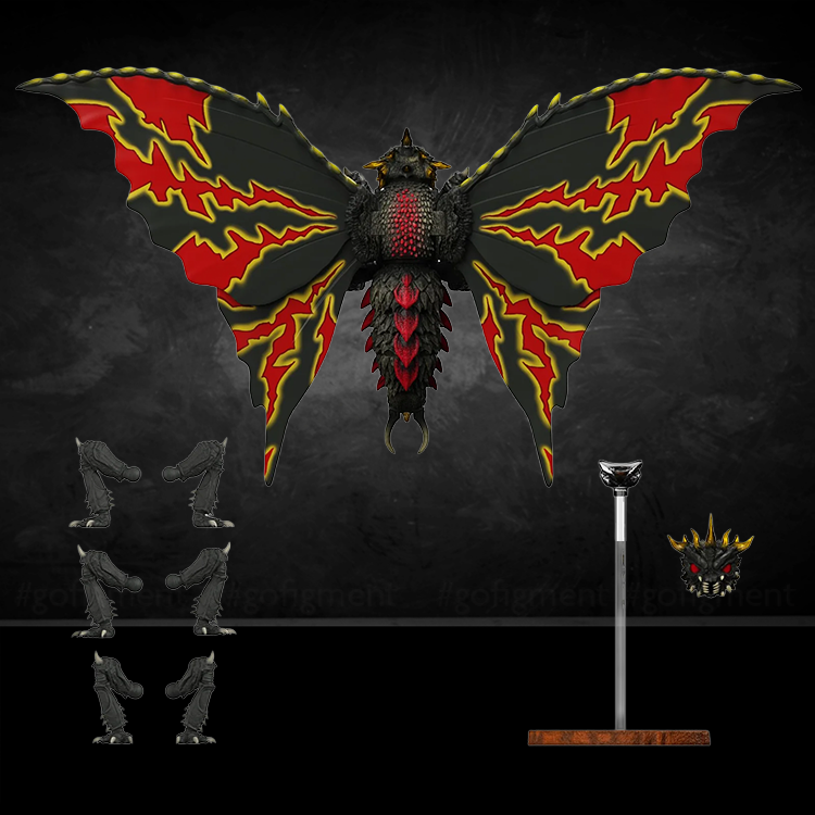 Super7 Battra 1992 figure with red and yellow wings, interchangeable heads and legs, and display stand.