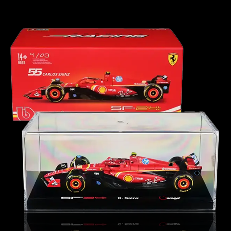 Bburago 1:43 scale model of Ferrari SF-24 #55 Carlos Sainz with helmet in display case and red box packaging