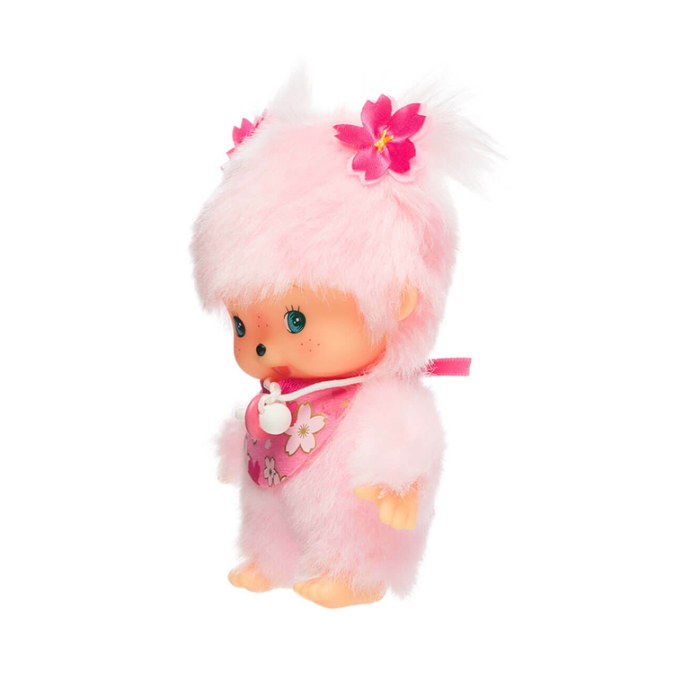 Sekiguchi Monchhichi Bebichhichi plush in pink with cherry blossom accents, standing 4.75 inches tall