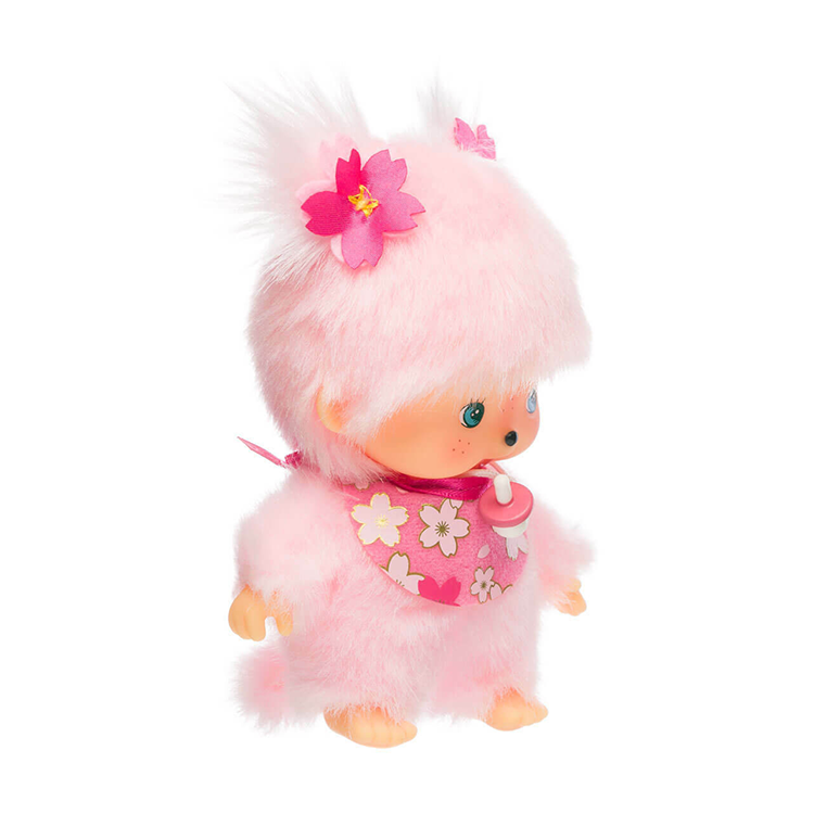Sekiguchi Monchhichi Bebichhichi plush in pink Sakura cherry blossom theme with pacifier and floral details.