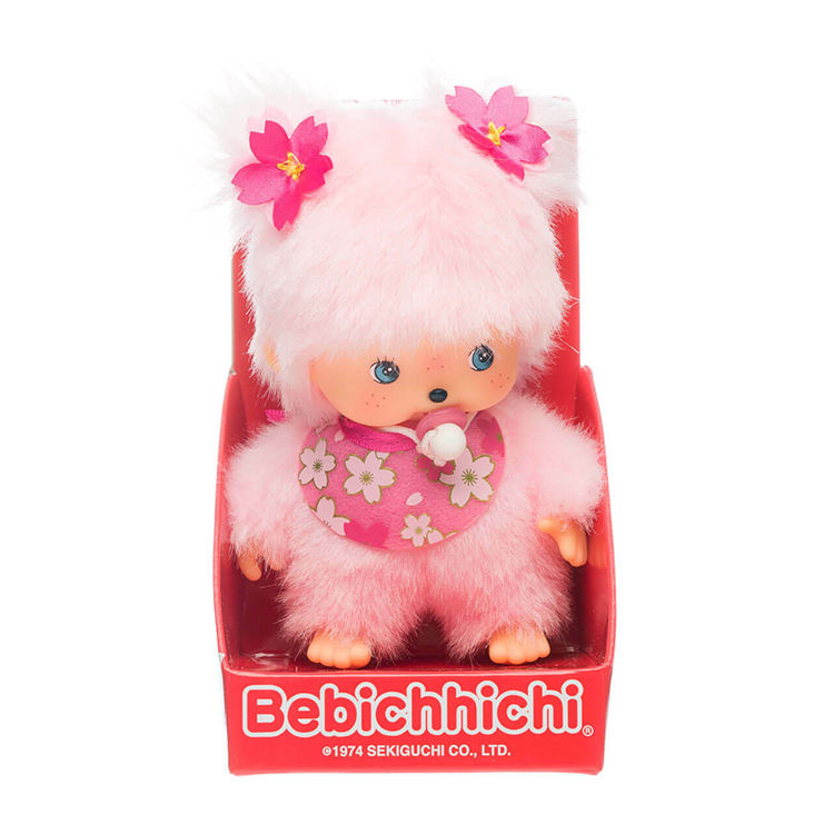 Sekiguchi Monchhichi Bebichhichi 4.75 inch plush in pink cherry blossom theme with pacifier and floral bib