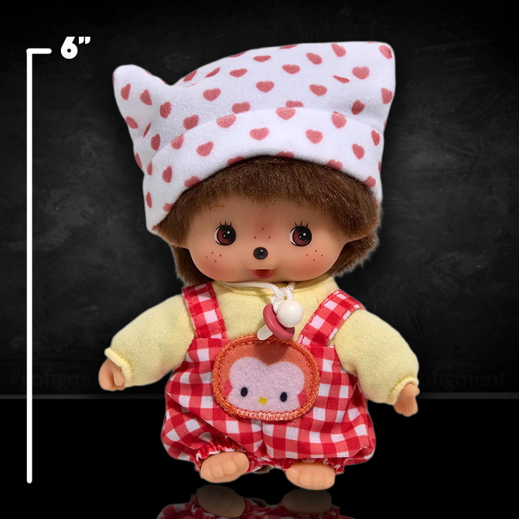 6-inch Sekiguchi Monchhichi Bebichhichi plush wearing red gingham overalls and heart-patterned white hat