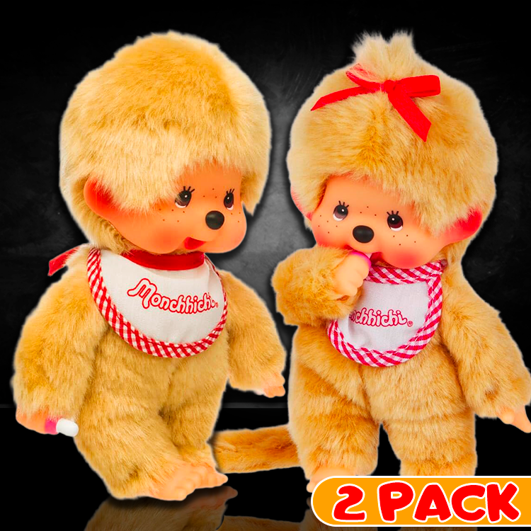 Sekiguchi Monchhichi beige boy and girl plush bundle with soft fur and signature thumb-sucking pose.