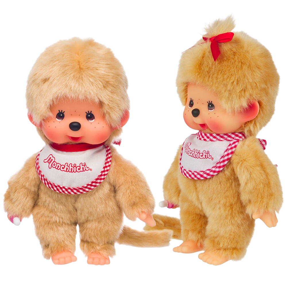 Simulated alt text for 8"  Monchhichi Beige Fur Monkey Plush BUNDLE - NWT Boy & Girl for m4vh1y-be.myshopify.com. You are an expert SEO agent. You will generate an ALT text for this image. <Store_Context> Business Details: - Curated by a passionate collector, ensuring authe...