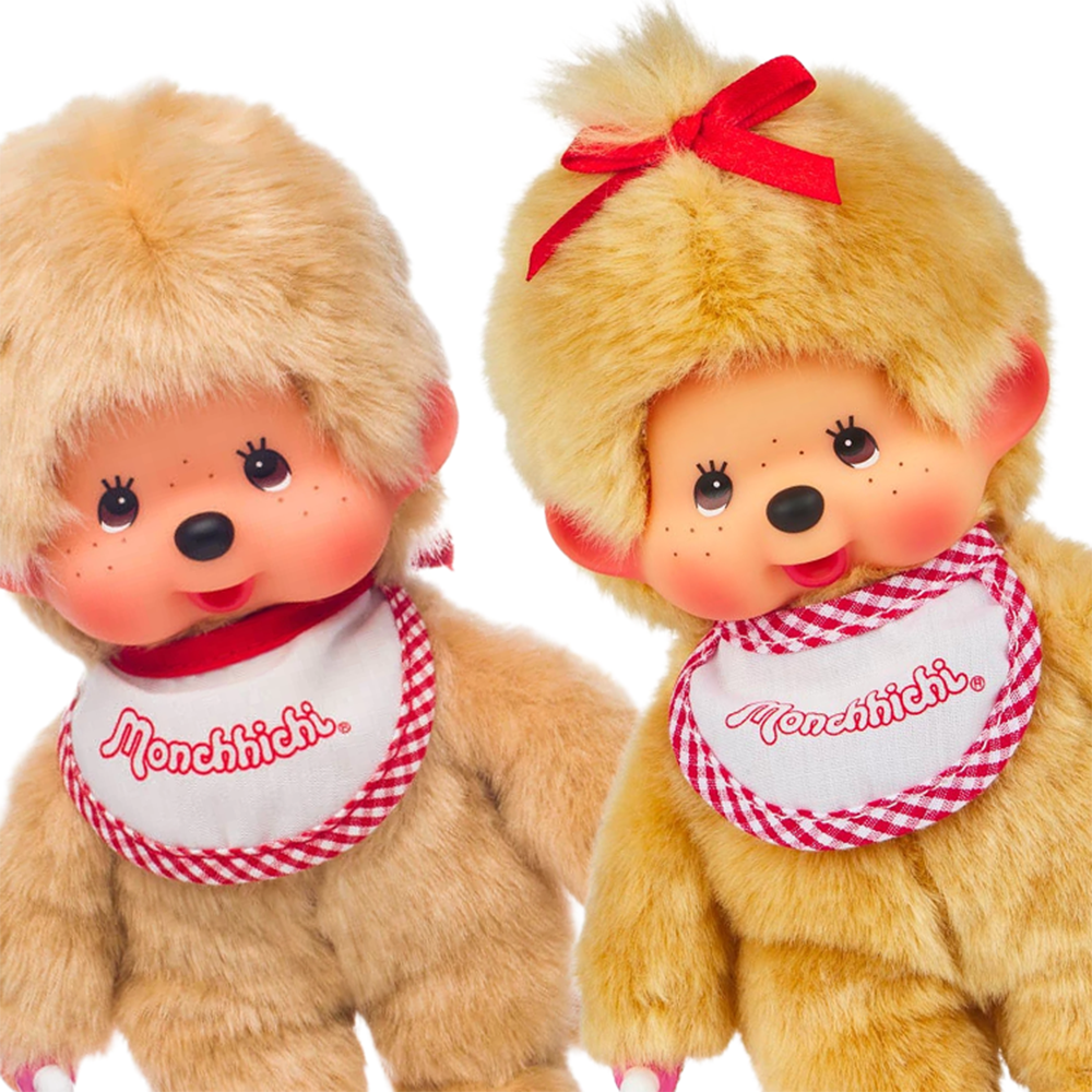 Simulated alt text for 8"  Monchhichi Beige Fur Monkey Plush BUNDLE - NWT Boy & Girl for m4vh1y-be.myshopify.com. You are an expert SEO agent. You will generate an ALT text for this image. <Store_Context> Business Details: - Curated by a passionate collector, ensuring authe...