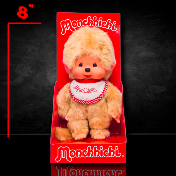 Sekiguchi Monchhichi Boy 8 inch beige fur plush monkey with red and white bib in branded packaging