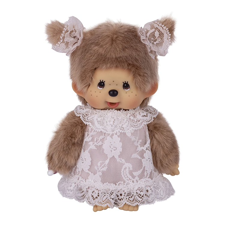 8" Monchhichi Beige Girl  - in White Lace Dress, Lace Ribbon Ponytail and Brown Eyes