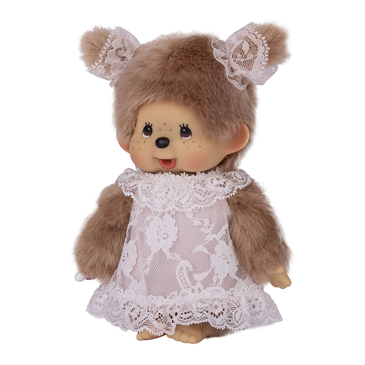 8" Monchhichi Beige Girl  - in White Lace Dress, Lace Ribbon Ponytail and Brown Eyes